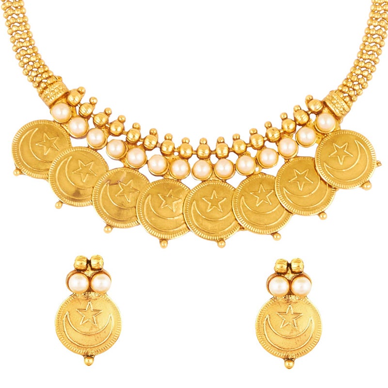 BodhaTraditional Indian, Islamic Arabic Chand Tara Gold Coin Necklace Set for Women (SJ_2700) - Image 2